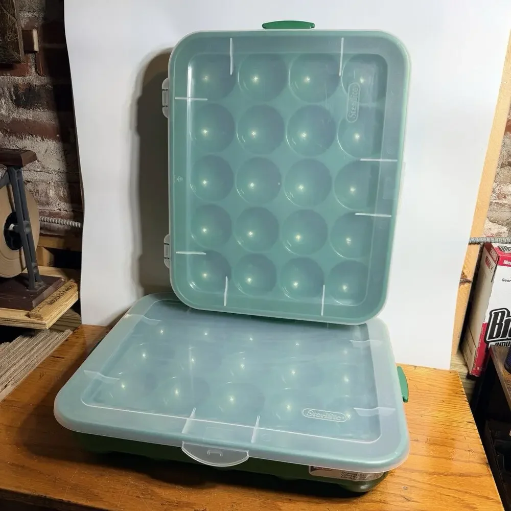2 Green Sterilite Ornament Storage Box Case 20 Piece Hinged Lid Snap Closure 20